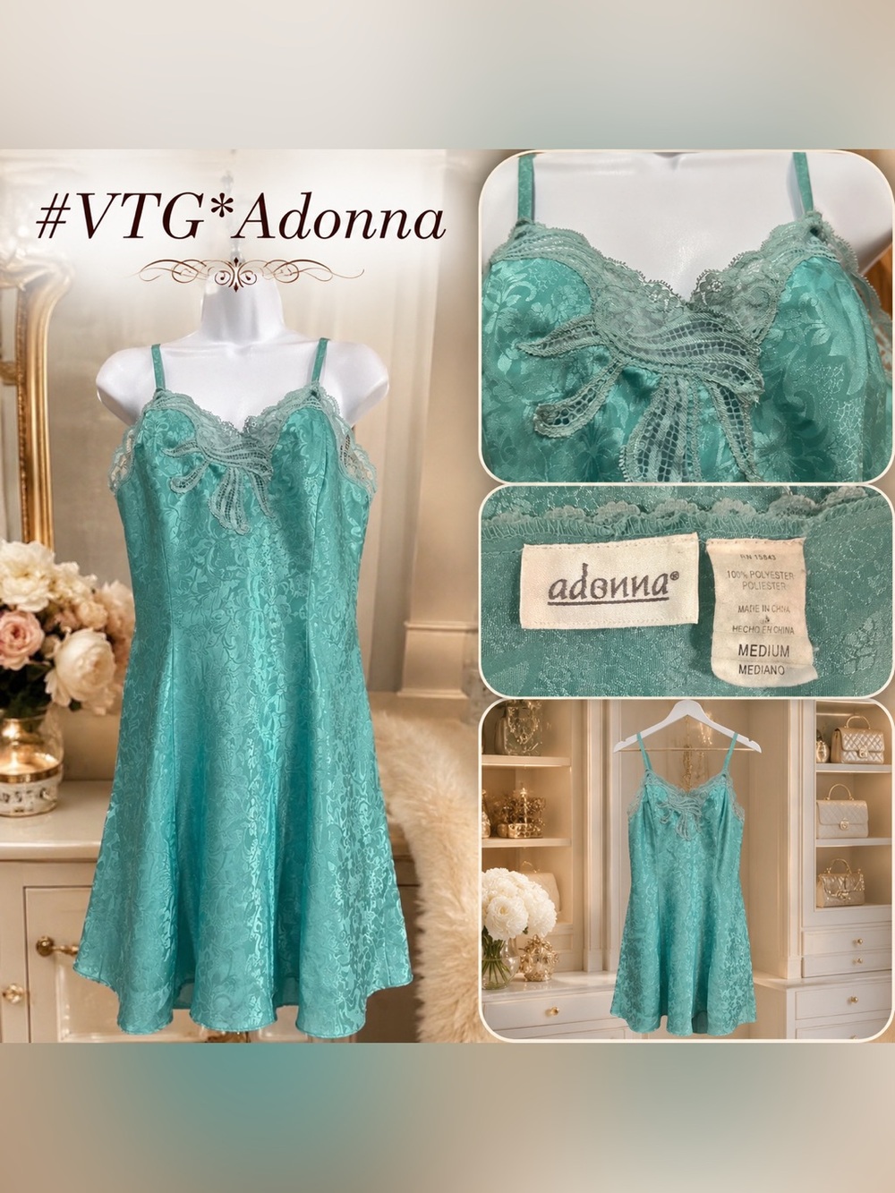 VTG SZ M Adonna Tiffany-Blue Lace-Trim Slip Dress